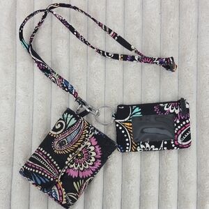 Vera Bradley Black Paisley Floral Lanyard Wallet Set with Multicolor Accents
